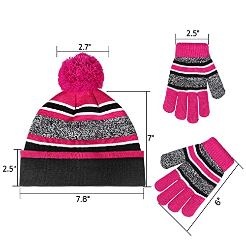 OZERO 2Pcs Kids Winter Knit Hat Gloves Set Warm Fleece Lining Thermal Beanie for 3-8 Year Boys and Girls4