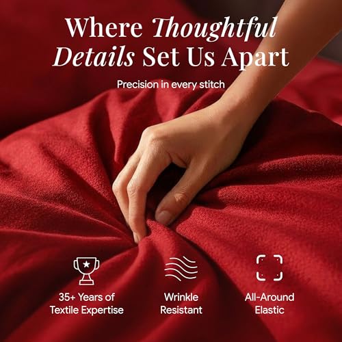 Image of Tribeca Living Triple Brushed Soft Cotton Flannel Sheets Set, Queen Size 170-GSM Weight Extra Deep Pocket Sheet in Solid Dark Red Color