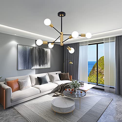 Humhold 6-Light Modern Sputnik Chandelier, Mid Century Black Gold Ceiling Chandeliers,E26 Base,Branch Height Adjustable Pendant Lighting Fixture For Kitchen Island Dining Room Living Room Bedroom #TOP3