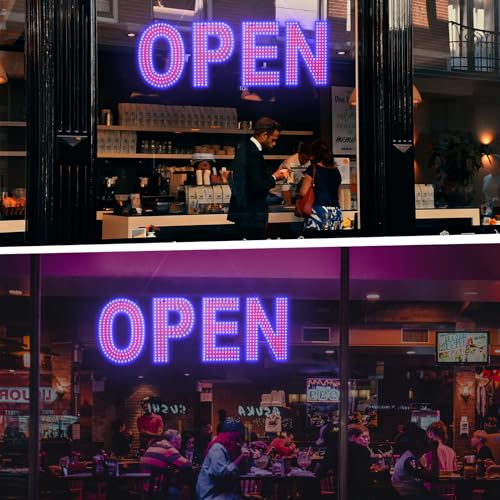 Image of Open Sign for Business, 30 inchx10 inch Dimmable Large LED Open Signs with Hanging Installation for Bar Pubs Store Restaurant Office Hotel Salon (Red & Blue)