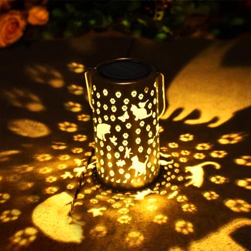 Cat Solar Lanterns Outdoor Waterproof Cat Gifts for Women Mom Grandma Hanging Solar Lights Metal LED Solar Decoration for Yard Patio Backyard Porch Garden Decor Gift