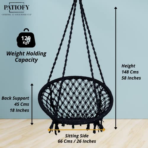 Image of Patiofy Cotton Netted Round Large Swing for Adults /Swing for Balcony /Swing Chair for Adults for Home /Hammock Swing for Adults /Swing Chair Wooden /Without Hanging Kit (120Kgs Weight Capacity- Black)