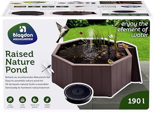 Blagdon Aquagarden Raised Nature Pond 190 | Teich für Terrasse Balkon & Garten | schneller Aufbau ohne Erdarbeiten | solar Schwimmfontäne | 5 Fontänenaufsätze | mit Vogelbad & Wildlife-Leiter