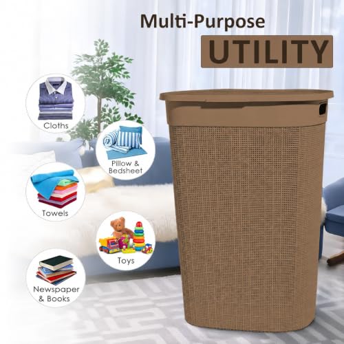 Image of KITCHIVO Plastic Large 55 Ltr Laundry Basket with Lid & Handle | Multipurpose Hamper Bins Storing Washable Clothes, Blankets | Household Ideal for Home & Bathroom (Woods Light Brown)