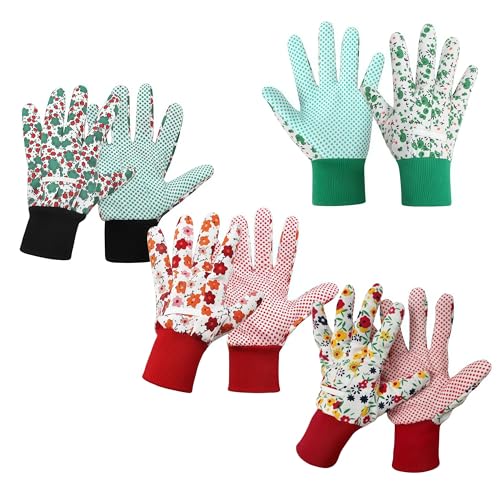 SDXCJY Lot de 4 paires de gants de jardinage pour femme, confortables, respirants, antidérapants avec poignets élastiques et pois en PVC souple pour cour,...