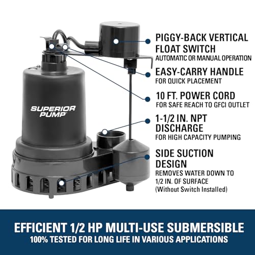 Image of Superior Pump 92057 1 /2 HP Thermoplastic Submersible Sump Pump with Vertical Float Switch, plus 1-1 /2-Inch Rubber Boot Check Valve
