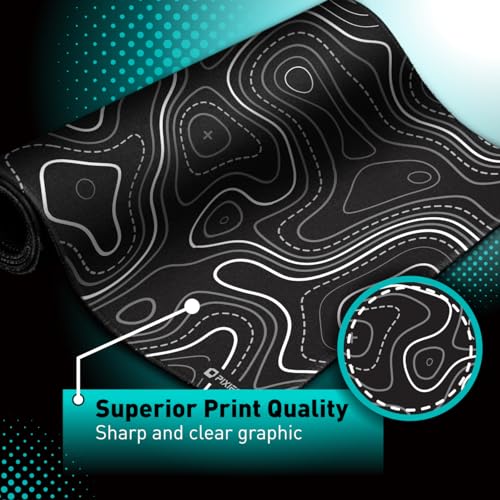 Image of Pixiecube Minimalist Topographic Map Mouse Pad - Contour Extended Large Stitch Edge Mousepad. Black & White Non-Slip XXL Gaming Desk Mat