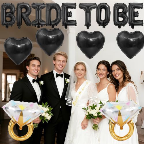 Image of Black Bachelorette Party Decorations, Black Bride to Be Banner Heart Balloons with Diamond Ring Foil Balloon, Gold Bride to Be Sash&Veil for Bachelorette Engagement Gift Bridal Shower Party Supplies