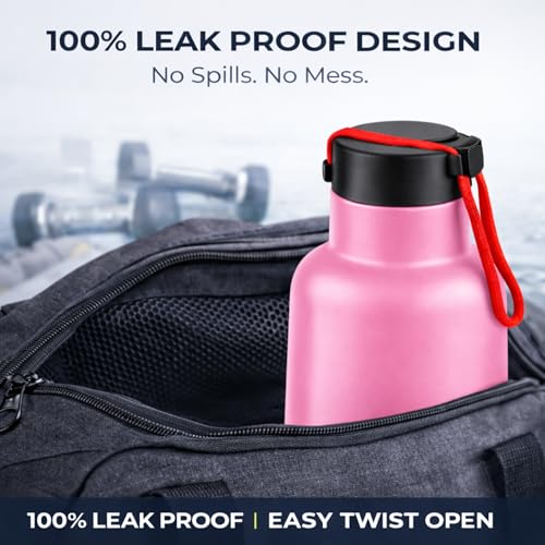 Image of GRECY Trim 1 Litre Stainless Steel Water Bottle for Office, Gym & School | Lightweight Leak Proof Fridge Bottle with Carry Loop | BPA Free, Rust Proof, Odour Free | Pink | 1000ml