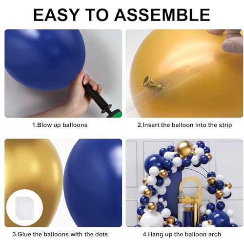 Image of Blue and Gold Balloons Arch Garland Kit, 134pcs Navy Blue Gold White Balloons with Different Size for Graduation, Birthday, Anniversary Party Decorations