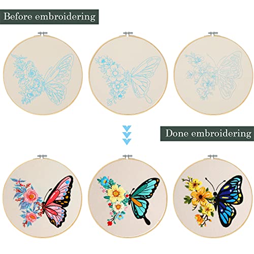 Image of Santune 3 Pack Embroidery Kit for Beginners Adults Cross Stitch Kits with Butterfly Patterns and Instructions,DIY Hand Crafts with 1 Hoop,Threads and 6 Needles