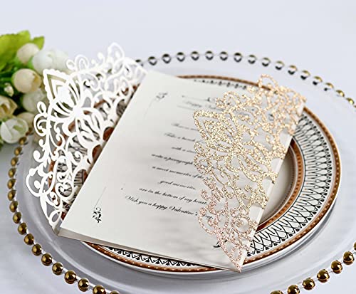 Lamsexx 50Pcs Wedding Invitation,Rose Gold Invitations,Gold Powder Floral Laser Cut With Blank Inner Sheet, Envelopes And Ribbons For Party Wedding Engagement Bridal Bridal Shower Invite (Rose Gold) #TOP3
