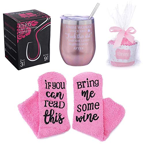 Insulated Wine Tumbler + Cupcake Wine Socks Gift Set 12 oz Stainless Steel