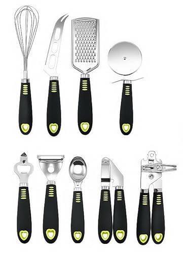 9pcs Stainless Steel Kitchen Cooking & Baking Tools Bottle & Can Opener Shaving & Peeling Garlic Press Egg Beater Ice Cream Scoop Pizza & Cheese Cutter Cookware