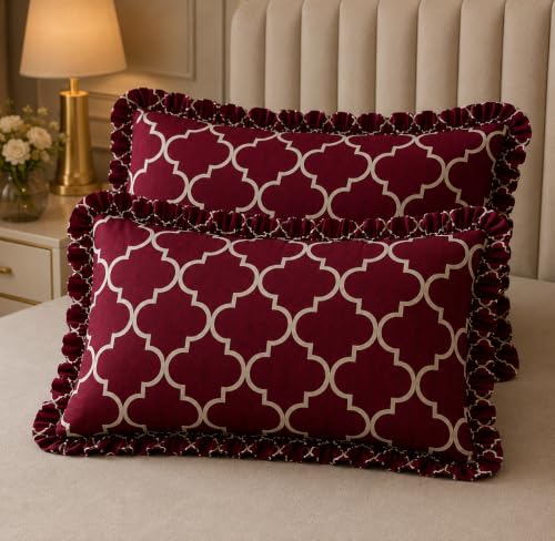 Image of Elastic Fitted King Size Bedsheet Cotton for Double Bed | 72 inchx78 inch +10 Inch, Floral, Soft & Breathable, Fade & Shrink Resistant, 2 Pillow Covers (Dark Maroon)