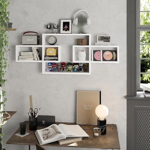 Image of Wooden Wall Shelves for Living Room, Bedroom Wall Mounted Rectangle Bookcase, Intersecting Wall Shelves for Storage Modern Decorative Display Shelves for Wall Decor (White)