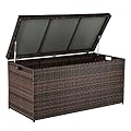 VINGLI Outdoor Wicker Storage Box, 132 Gallon Patio Rattan Deck Box, Wicker Storage Bench for Indoor, Outdoor, Pool, Balcony, Yard, Garden – Dark Brown