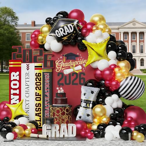 Image of Graduation Balloon Garland Arch Kit 2026, 150Pcs Burgundy Black Gold White Balloons for Class of 2026 Celebration Graduation Party Decorations, Congrats Grad Backdrop Decor