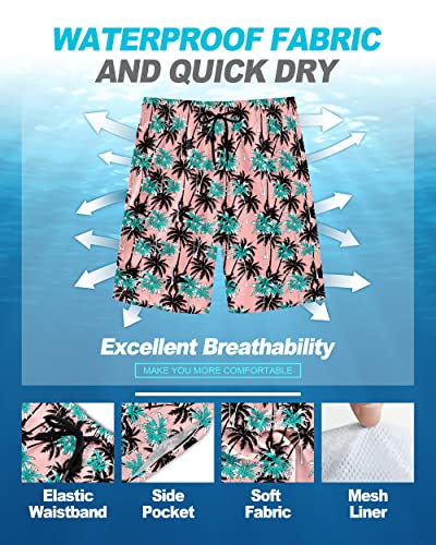 Ft Fenteng Mens Swim Trunks For Men, Hawaiian Vacation Palm Trees Pink Mens Board Shorts Swimwear Bathing Suit With Mesh Lining, Funny Hawaii Quick Dry Beach Shorts For Men Swimming Trunks, Large #TOP3