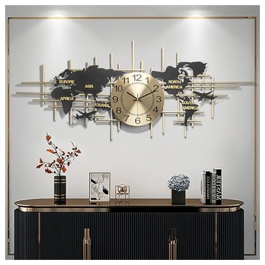 37.8" Modern 3D World Map Wall Clock - Bronze Gold, Silent Battery Operated Decorative Metal Clock, Handmade Iron Art (Style A)