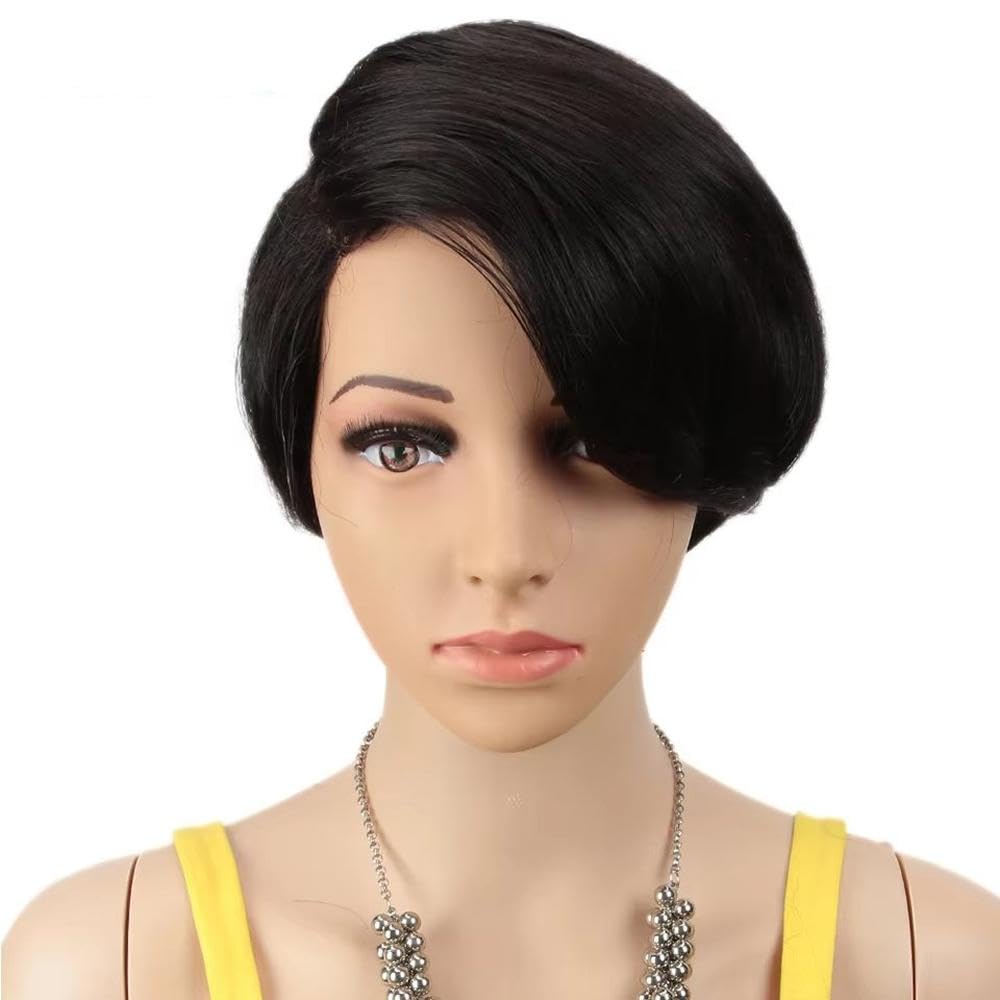 Haarpflege Schwarze Kurzschnitt Perücke Mit Geradem Seitenteil Spitze 100% Echthaar Für Damen Leimlose Perücken(Right Lace)