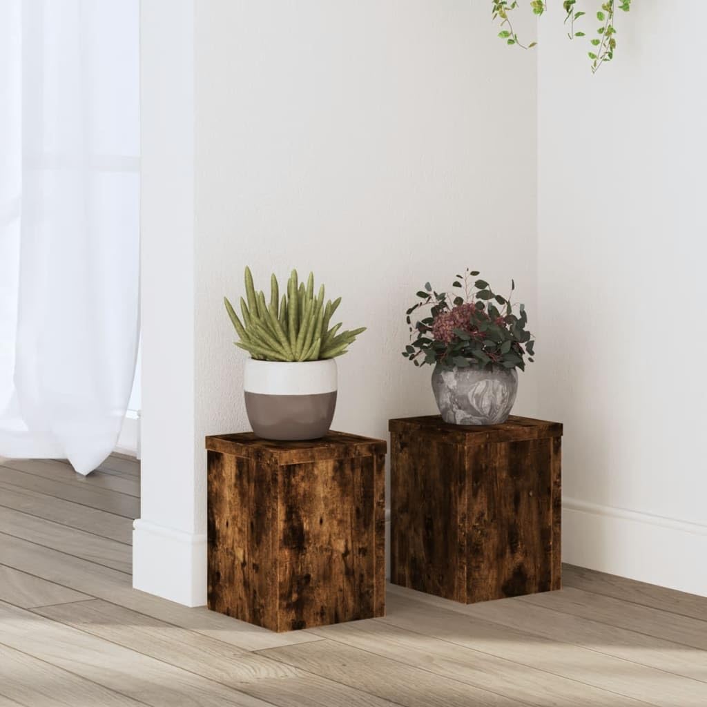 Mokuyary Plant Stands 2 pcs Smoked Oak Wood 15x15x20cm High Strength Hollow Shelf Can Be Filled with Sand and Gravel for Flower, Pot, House Plant