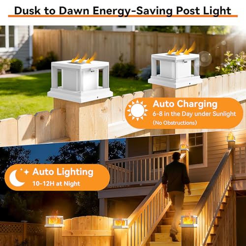 Brightever 4x4 Post Solar Lights with Flickering Flame, Solar Flame Post Cap Lights Outdoor for 3.5x3.5 4x4 Wooden/Vinyl Post, White Fence Post Solar Lights for Garden Patio Porch, 6-Pack — view 3
