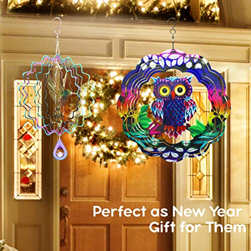 2 Pack 3D Kinetic Sculptures Stainless Steel Wind Spinners For Yard And Garden,12 Inch Owl Wind Spinners & 6 Inch Colorful Hummingbird Metal Kinetic Wind Spinner, Yard Art & Outdoor #TOP3