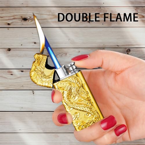 Encendedor de Doble Llama Dragón Dorado Metal miniatura 2