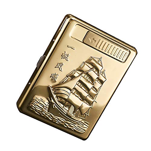 Moonwbak Cigarette Case Lighter, Metal Full Pack 20 Regular Cigarettes Box Holder USB Rechargeable Cigar Lighter Flameless Windproof with USB Cable Best for Birthday Gifts (Boat)