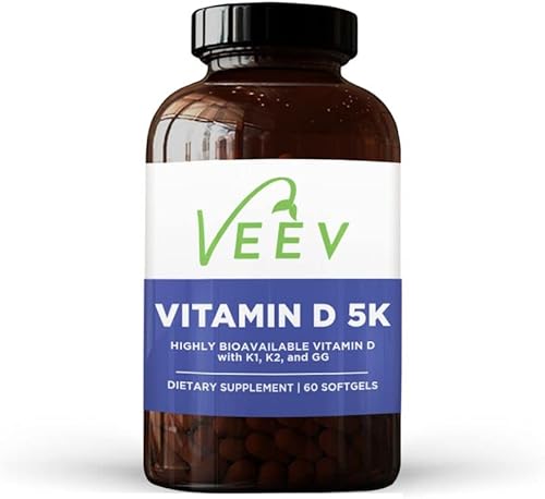 Veev Vitamina D 5K  5000 UI de suplemento de vitamina D3 con vitamina K1 y K2 para dientes más fuertes huesos cardiovasculares e inmunes