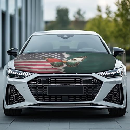 Image of Mexican Flag Car Hood Cover All Weather Protection Automotive Exterior Accessories Universal Fit Hood Covers for Cars, Trucks, SUV, or Van Full Coverage Decor