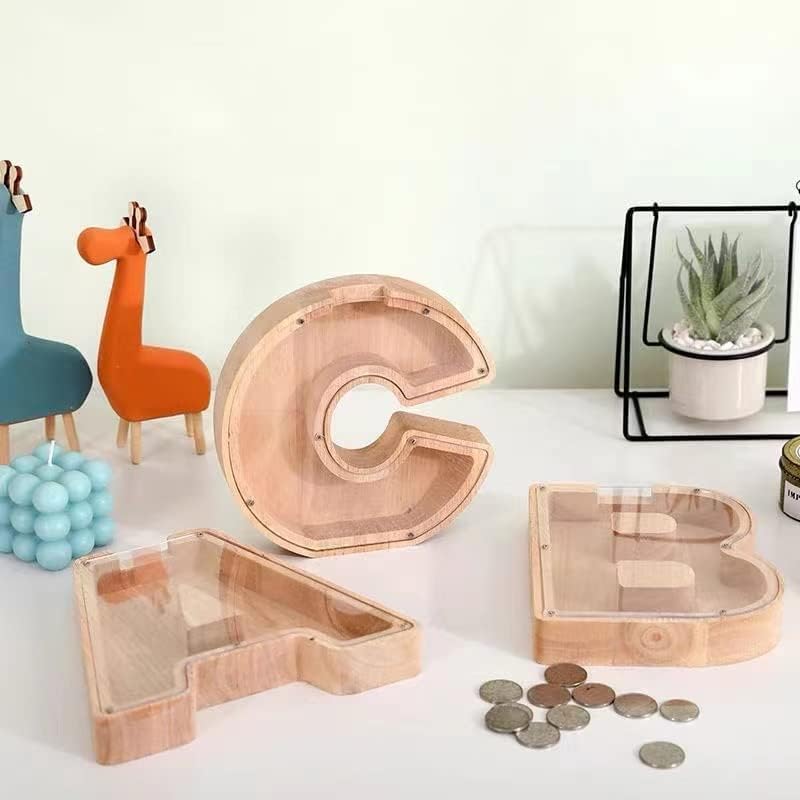 Miniatura 9 de Alcancía de madera personalizada con letras del alfabeto, para niños y niñas, tamaño grande, 26 alfabetos, banco de dinero con nombre personalizado,