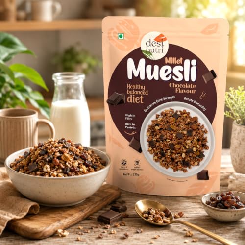 Image of Desi Nutri Millet Muesli Chocolate Flavour 625grams | Source of Protein & Fibre, Multigrain Breakfast Cereal | Cholesterol Free | Made with REAL Chocolate (Chocolate)