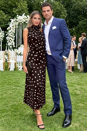 Image of Women's Satin Maxi Dress Summer Formal Wedding Guest Cocktail Dress | Mock Neck Sleeveless,Elegant Silk Midi Long Dress,High Neck,Halter,Aline,Bridesmaid,Bridal Shower Guest,Garden Party,Dinner