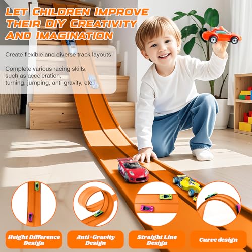 Image of Flexible Race Car Track 15 Ft Starter Set with Suction Cups, Rolls Up Portable Race Track Compatible with Diecast 1 /64th Car, Suitable for Home, Beaches, Parks, and Lawn