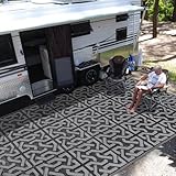 SAND MINE Reversible Mats, Plastic Straw Rug, Modern Area Rug, Large Floor Mat and Rug for Outdoors, RV, Patio, Backyard, Deck, Picnic, Beach, Trailer, Camping (9' x 12', Black & Grey)