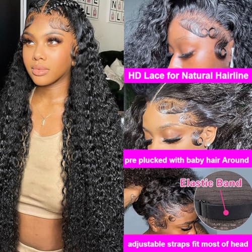 Aomllute 30 Inch Deep Wave Lace Front Wigs Human Hair 200 Density 13x4 HD Lace Frontal Wigs Human Hair Pre Plucked Deep Curly Glueless Wigs Human Hair for Women Natural Black - Image 4