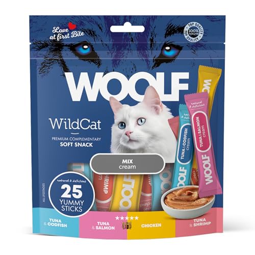 Pack Variado De 25 Unidades - Snack Líquido para Gatos Sin Cereales - Textura Cremosa - Topping Hidratante con Atún - Pollo - Salmón - Bacalao - Gambas - Premio Saludable - Woolf