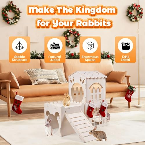 Large Rabbit House, Wooden Bunny Castle with 3 Houses Indoor, Rabbit Guinea Pig Cage Multistory Climbing Tower Sturdy Wooden Castle, Small Animal Hideaway Tunnel - Image 4