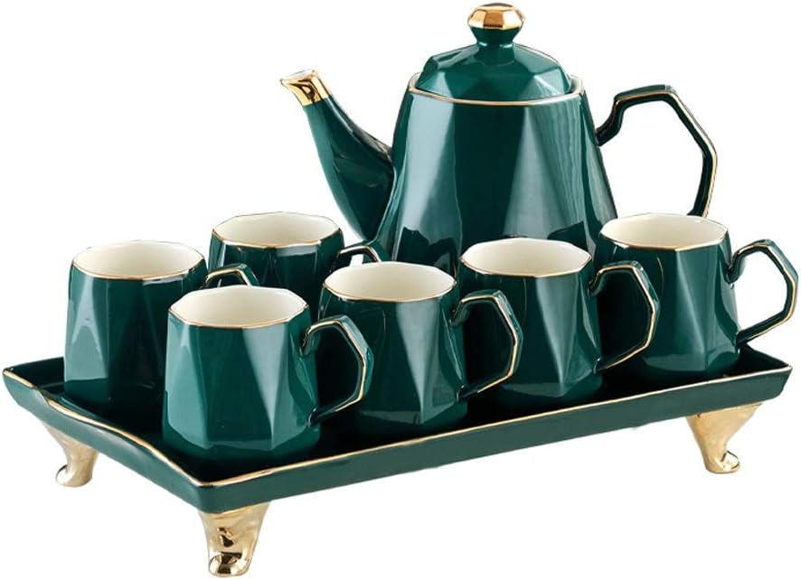 Ceramic Coffee Tea Set Nordic Drawing Gold Green Pot Cup Milk Jug Sugar Bowl Tray Home Afternoon