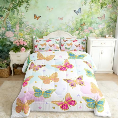 Image of Erosebridal Flying Butterflies Full Size Comforter Sets for Kids Boys Girls,Colorful Garden Wildlife Bedding Set,Cartoon Stars Duvet Insert,Vintage Romantic Style Quilt Bedroom Decor