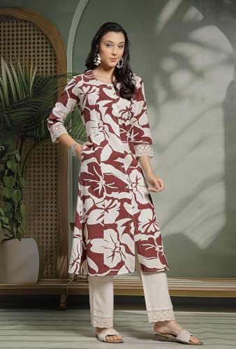 Image of Pistaa's Women's Cotton Regular Fit A Line Regular A-Line Printed Cutwork Sleeve Kurta