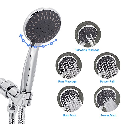 Handheld Shower Head High Pressure 5 Spray Settings Detachable Hand Held Showerhead Chrome Face with Hose and Bracket, Simple Tool-free Installation