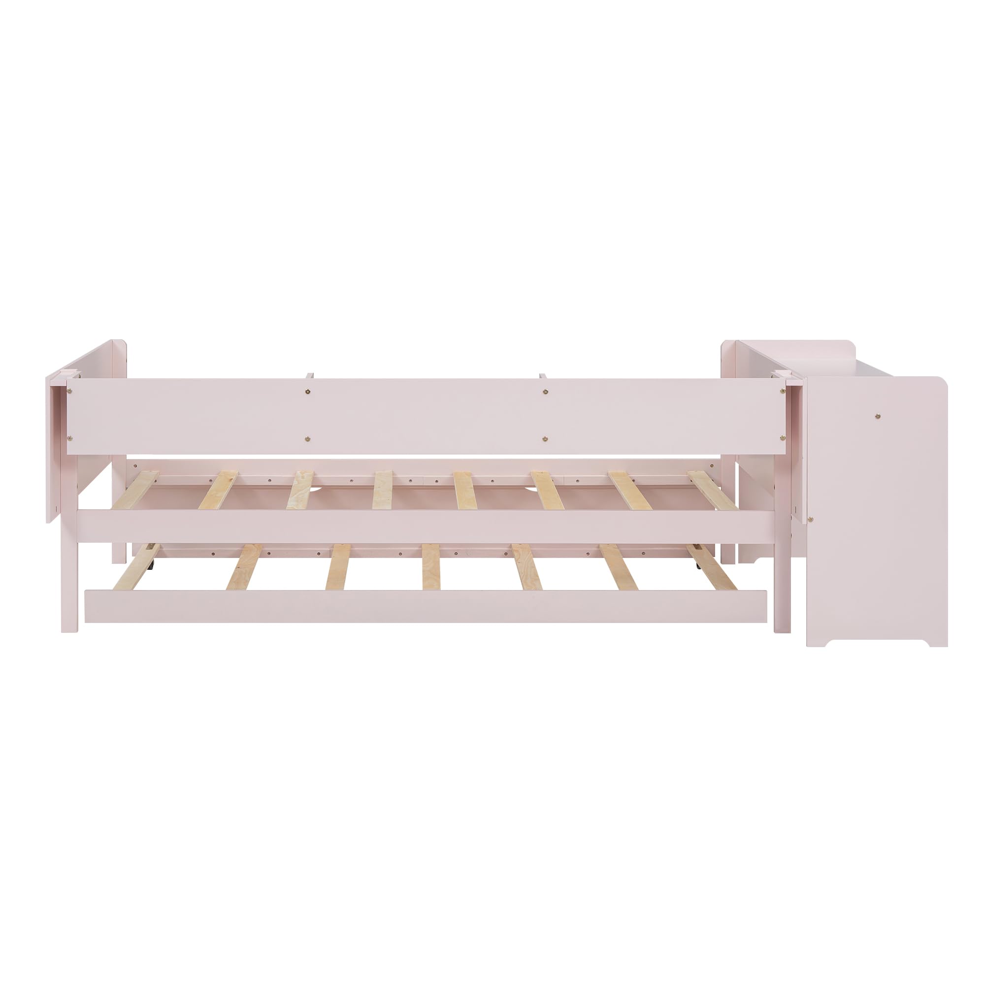 Kinderbett 90x200 mit Schreibtisch und Regalen, Schlafsofa Tagesbett Bettgestell mit Ausziehbares Rollbett, Sofabett Jugendbett mit Lattenrost, Bettsofa Gästebett Jugendbett, Rosa, Ohne Matratze