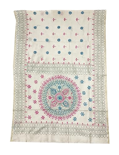 Image of SHRISTI CLOTHINGS Women's Hand Embroidered Cotton Silk Kantha Stitch Saree with Blouse Piece (SB4200924 OFFWHITED92)