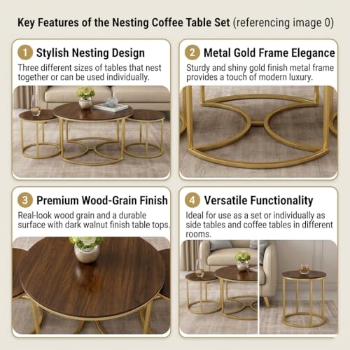 Image of 3 Piece Living Room Table Set, 1 Center Table and 2 End Nesting Tables NO-Tools Assembly Round Stacking Coffee Side Tables for Small Spaces, Nightstand Bedside Table