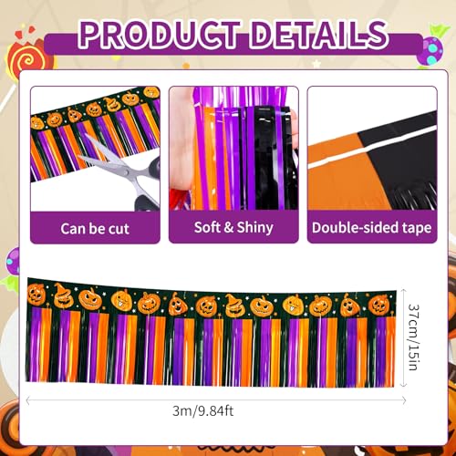 Image of 4 Packs 10 Feet Long Foil Fringe Halloween Garland Orange Purple Black Tinsel Metallic Streamers Pumpkin Wall Hanging Banner for Car Parade Floats Table Skirts Indoor Party Decorations