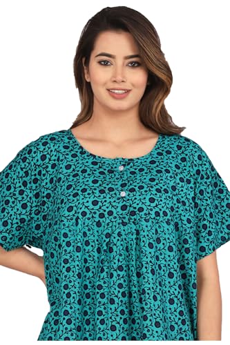Image of Kuruti B Sheets Cotton Nighty for Women Jaipuri Print 2 Button Round Neck Short Sleeve Night Gown | Maxi Dress