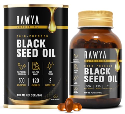 Rawya Black Seed Oil - 120 Softgel Capsules, Cold-Pressed Nigella Sativa, Pure Black Cumin Seed Oil, Rich in Omega Fatty Acids, Cumin Seeds for Radiant Skin & Hair Nourishment - 500mg Each
